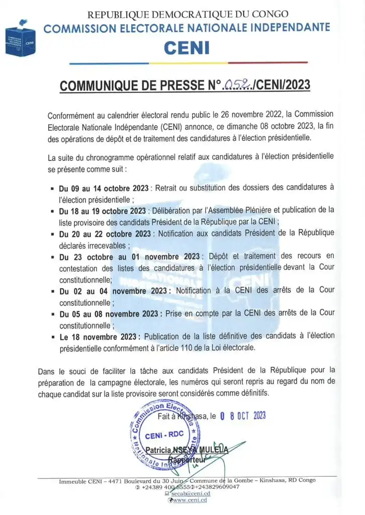 Deuxième Image de Politique. La Commission électorale nationale indépendante (CENI) a annoncé que la liste définitive des candidats à l'élection présidentielle sera publiée le 18 novembre 2023. Le calendrier comprend plusieurs étapes, notamment le retrait ou la substitution des dossiers de candidature, la délibération par l'Assemblée Plénière et la publication de la liste provisoire des candidats présidentiels, le traitement des recours en contestation devant la Cour constitutionnelle, et enfin la publication de la liste définitive des candidats. Que pensez-vous de cette chronologie ?